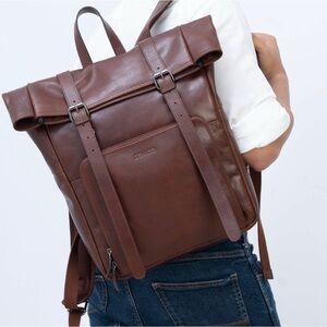 Genicci Unisex Cognac Genuine Leather Roll Top Double Buckles Laptop Backpack